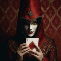 mystérieux masqué femme en portant une en jouant carte, faire allusion à le thèmes de tromperie et caché identités. génératif ai photo