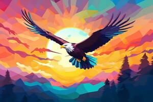 papier art de majestueux chauve Aigle planant par le ciel, porter un américain drapeau dans ses serres, contre une toile de fond de une surréaliste le coucher du soleil rempli avec vibrant couleurs.vecteur illustration. génératif ai photo