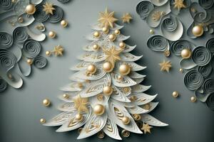 papier art de luxueux Noël arbre en couches Contexte orné avec or et argent ornements, création un élégant et sophistiqué vacances ambiance. génératif ai photo