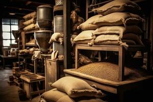 rustique en bois café En traitement gare, avec Sacs de café des haricots empilés soigneusement, convoyer le savoir-faire et attention à détail impliqué dans le café production processus. génératif ai photo