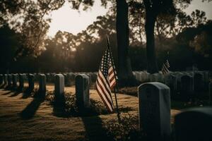 américain drapeau agitant dans de face de une militaire cimetière , soulignant le importance de honorer et se souvenir américain un service membres qui avoir fabriqué le ultime sacrifice. génératif ai. photo