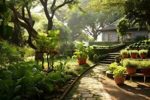 le villa jardin avec une variété de les plantes et des arbres cette offre beauté et Fonctionnalité. fruit des arbres ours mûr et succulent des fruits, tandis que herbes et aromatique les plantes fournir fragrance. génératif ai photo