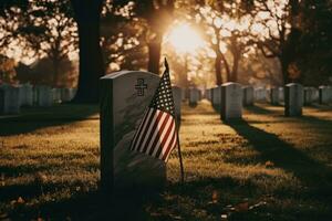 américain drapeau agitant dans de face de une militaire cimetière , soulignant le importance de honorer et se souvenir américain un service membres qui avoir fabriqué le ultime sacrifice. génératif ai. photo
