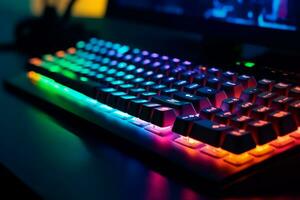 travail sur une néon ordinateur clavier avec coloré rétro-éclairage. ordinateur vidéo Jeux, le piratage, technologie, l'Internet concept. génératif ai photo