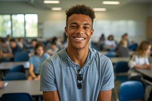 Jeune Masculin étudiant souriant premier journée de étudiant classe. génératif ai photo
