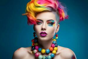 Jeune content fille avec coloré cheveux, style maquillage et contemporain accrocheur résine bijoux. génératif ai photo