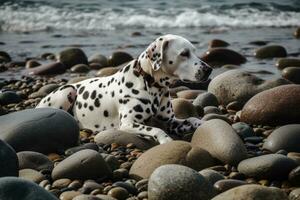 une dalmatien roulant autour et en jouant à une isolé Galet plage, paisible par n'importe qui autre. même le chien apparaissant détendu et insouciant. génératif ai photo