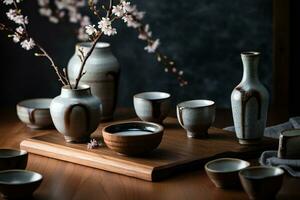 une captivant, d'inspiration japonaise Saké présentation, avec une traditionnel Saké ensemble, comprenant une céramique ballon et petit tasses, entouré par Cerise fleurs et minimaliste décor. génératif ai photo