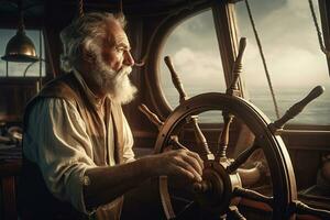 une capitaine des stands à le roue, arpentage le mer et ajustement le voiles à maintenir la vitesse et direction. profondément bronzé de Soleil et mer, posséder une intemporel nautique compétence. génératif ai photo