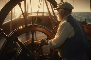 une capitaine des stands à le roue, arpentage le mer et ajustement le voiles à maintenir la vitesse et direction. profondément bronzé de Soleil et mer, posséder une intemporel nautique compétence. génératif ai photo