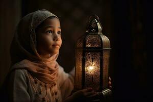 une enfant en portant une lanterne pendant Ramadan. le enfant être montré à la recherche en haut dans merveille à le lanterne, avec le concentrer sur le innocence et joie de enfance pendant Ramadan. génératif ai photo