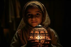 une enfant en portant une lanterne pendant Ramadan. le enfant être montré à la recherche en haut dans merveille à le lanterne, avec le concentrer sur le innocence et joie de enfance pendant Ramadan. génératif ai photo