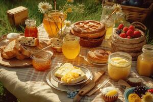 un tableau de mon chéri infusé traite, tel comme mon chéri vitré des pâtisseries, mon chéri bruine fruit, et rafraîchissant mon chéri limonade, sur luxuriant, ensoleillé Prairie toile de fond. génératif ai photo