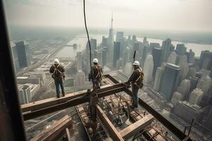 une spectaculaire, grand angle coup de gratte-ciel constructeurs travail à vertigineux hauteurs, habilement assemblage acier poutres et sécuriser bâtiment matériaux. génératif ai. photo