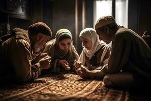 une famille prier ensemble pendant Ramadan dans une mosquée, avec le concentrer sur le famille dévouement comme elles ou ils prier ensemble. importance de famille pendant cette saint mois. génératif ai photo
