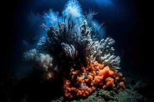une fascinant, sous-marin volcanique évent, crachant riche en minéraux panaches dans le alentours eau, attirant une diverse et unique tableau de mer profonde créatures et organismes. génératif ai photo