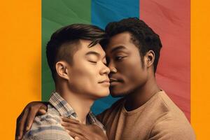 une avec homosexuel des couples de différent ethnies, âge et modes embrassement plus de une fierté drapeau Contexte. génératif ai photo