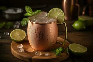 une glacial, Moscou mule, servi dans un glace froide cuivre tasse, garni avec une citron vert coin et brin de menthe, entouré par une rafraîchissant, rempli de glace présentation et paramètre. génératif ai photo