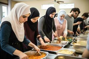 une groupe de copains faire du bénévolat à une local charité pendant Ramadan. le bénévoles être montré dans traditionnel Ramadan tenue, avec le accentuation sur le esprit de donnant et compassion. génératif ai photo