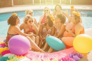 une groupe de femmes dans coordonner deux pièces maillots de bain salon ensemble sur une bassin pont, entouré par coloré décorations et fête faveurs. le vibe est de fête et amusement. génératif ai photo