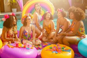 une groupe de femmes dans coordonner deux pièces maillots de bain salon ensemble sur une bassin pont, entouré par coloré décorations et fête faveurs. le vibe est de fête et amusement. génératif ai photo