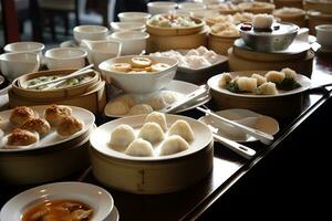 une vivant, animé faible somme expérience, mettant en valeur un tableau de à la vapeur et frit Dumplings, petits pains, et autre petit assiettes. ensemble dans un authentique, chinois restaurant. génératif ai. photo