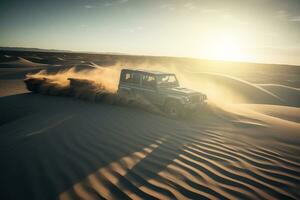 quatre roues conduire véhicule sauter plus de le sable dunes. concept sens de aventure et excitation. génératif ai photo