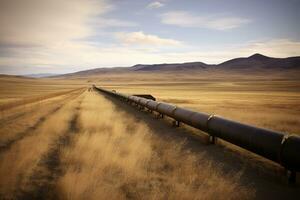 pipeline élongation à travers le paysage. le concentrer être sur le transport de pétrole ou gaz par le pipeline. génératif ai photo