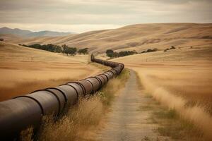 pipeline élongation à travers le paysage. le concentrer être sur le transport de pétrole ou gaz par le pipeline. génératif ai photo