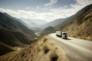 le image spectacle une transport un camion conduite par une enroulement route dans le montagnes. génératif ai photo