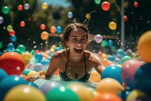 une femme dans une espiègle, coloré deux pièces maillot de bain éclaboussures autour dans le peu profond fin de une piscine, entouré par gonflable jouets et plage des balles. le Soleil est haute dans le ciel. génératif ai photo