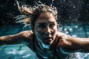 un athlétique femme dans sa de bonne heure trentaine est capturé à propos à entrer le pétillant bleu l'eau de une nager bassin. elle est portant une sportif deux pièces maillot de bain. génératif ai photo