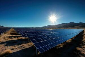 grand solaire Puissance plante avec Lignes de photovoltaïque panneaux soigneusement arrangé contre une clair bleu ciel. représentant le harmonieux l'intégration de différent renouvelable énergie sources. génératif ai. photo