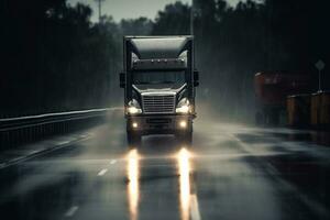 le image spectacle une transport un camion conduite sur une humide route pendant une pluie torrentielle. génératif ai photo