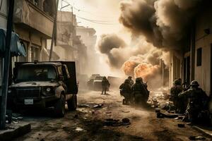 un intense image de une spécial les forces équipe dans un Urbain guerre scénario, avec soldats prise couverture derrière Véhicules et bâtiments avec fumée et débris remplissage le air. génératif ai photo