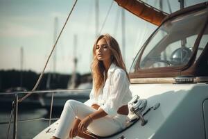 magnifique fille repos sur le luxe yacht.à la recherche pour le mer pendant voile voyage. détendu femme dans Soleil chapeau profiter océan. concept luxe mode de vie. génératif ai. photo