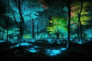forêt illuminé par fluorescent lumières. le réglage est magique et enchanteur, avec le couleurs de le lumières reflétant de le des arbres et feuillage. génératif ai photo