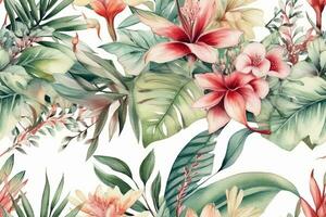 illustration de aquarelle tropical feuilles et rougir fleurs sur blanc Contexte sans couture frontière. concept pour décor et conception. tropical fleur modèle. génératif ai photo