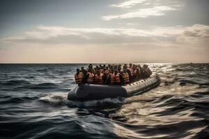 Jeune Nord africains qui fuir dans le mer avec leur bateau pendant illégal immigration. génératif ai photo