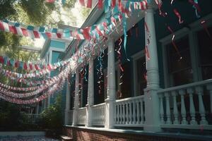 rouge, blanc et bleu bannières pendre de les porches, agitant dans le brise comme coloré drapeaux. étoile en forme de confettis et banderoles ligne le des rues, saupoudré de des arbres et les toits. génératif ai photo