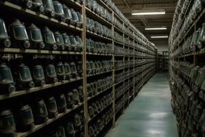 Lignes de identique gaz masques sur racks dans une massif entrepôt, comme si stockage pour certains futur conflit. génératif ai photo