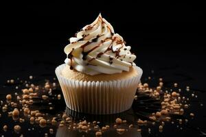 vanille petit gâteau avec crème et Chocolat puces. ai généré photo