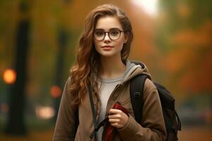 une étudiant fille avec une sac à dos et des lunettes dans le parc dans l'automne. ai généré photo