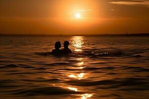 une romantique couple profiter une nager à le coucher du soleil. le concentrer de le image aurait être sur le des couples silhouettes dans le eau, avec le Soleil réglage dans le Contexte. génératif ai photo