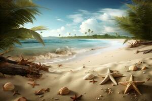 une plage avec noix de coco palmiers, noix de coco feuilles, étoile de mer, coquilles, et sable. génératif ai photo
