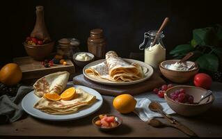 crêpes sur rustique en bois table avec ingrédients. génératif ai photo