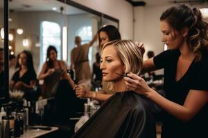 femme subissant une Achevée beauté transformation. est assis dans une styliste chaise avec une équipe de professionnels alentours son, comprenant une cheveux styliste, maquillage artiste, et clou technicien. génératif ai photo