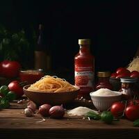 spaghetti avec tomate sauce et Parmesan fromage. italien en bonne santé nourriture sur rustique en bois tableau. photo