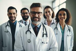 La publicité portrait coup de une médecin équipe permanent ensemble dans une hôpital et elles ou ils Regardez à le caméra. génératif ai. photo