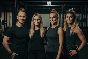 La publicité portrait coup de une personnel entraîneur équipe permanent ensemble dans une Gym et elles ou ils Regardez à le caméra. génératif ai. photo